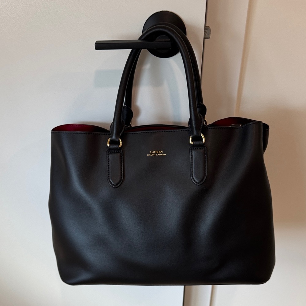 Ralph Lauren Black Leather Tote with Red Interior